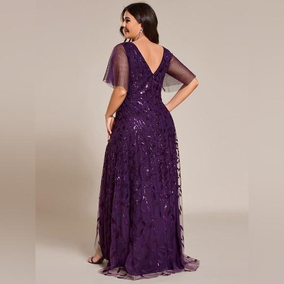 🆕 Plus Size Short Sleeves Sequin High Low V-Neck Midi Formal Evening Dress - Picture 2 of 3